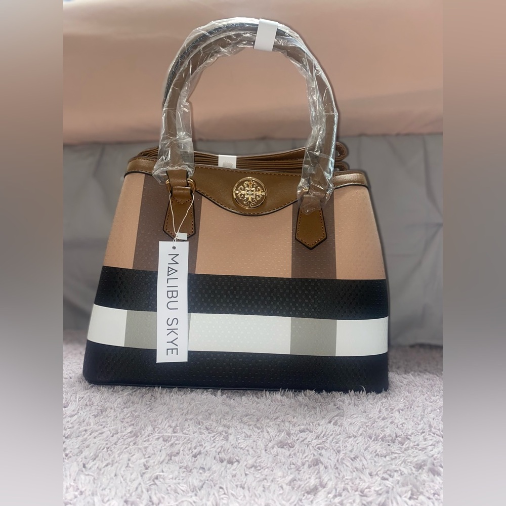 Malibu Skye Tan Black and White Handbag with Crossbody Strap